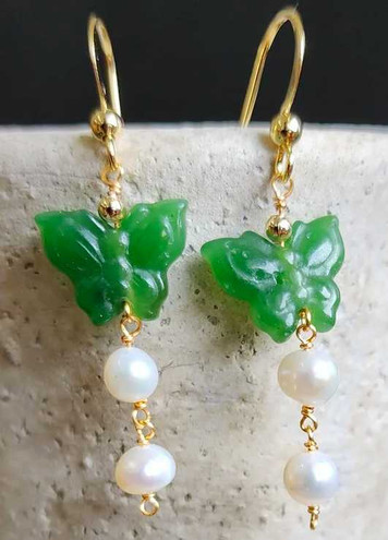 Image of Gold-Plated Sterling Silver & Genuine Nephrite Jade Butterfly Dangle Earrings