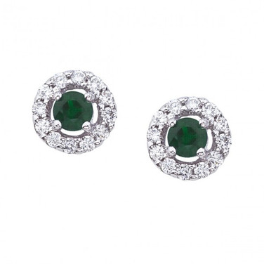 14K White Gold 4.5 mm Round Precious Floating Emerald and Diamond Stud Earrings