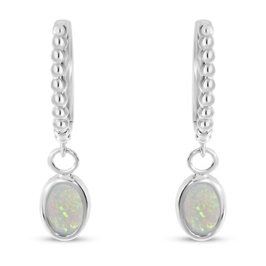 14K White Gold Oval Opal Dangle Textured Huggie Earrings