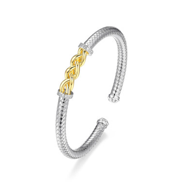 Charles Garnier 6.75" Two-Tone Sterling Silver Mesh CZ Cuff Bracelet w/ Rope Design Top