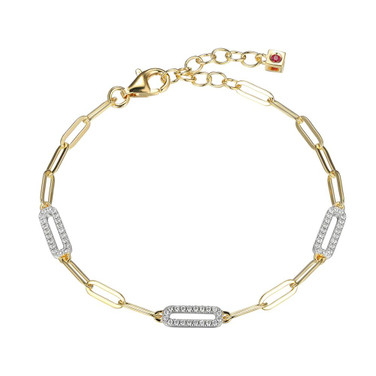 ELLE 6.5"+1.25" Two-Tone Sterling Silver 3mm Paperclip Chain Bracelet w/ 3 12x4mm CZ Link Stations