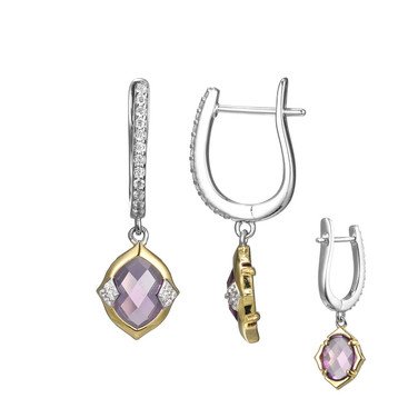 Image of Charles Garnier 9mm Two-Tone Sterling Silver Genuine Amethyst & CZ Hoop Drop Earrings