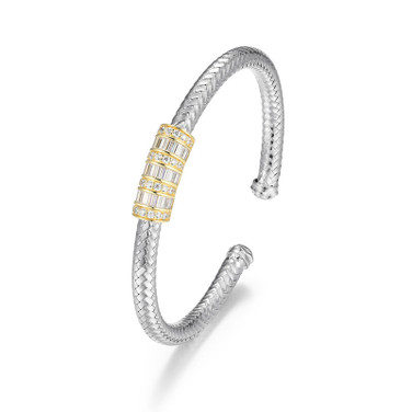 Charles Garnier 6.75" Two-Tone Sterling Silver Mesh Cuff Bracelet with Round & Baguette CZ Top