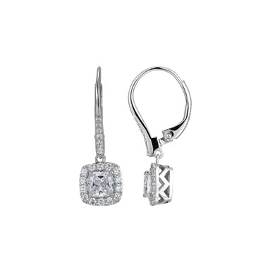 Image of ELLE Sterling Silver "Radiance" Cushion-cut CZ Halo Leverback Drop Earrings