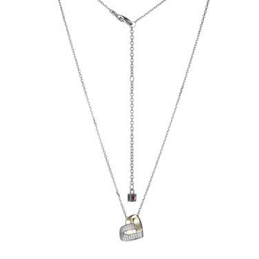 ELLE 17"+3" Sterling Silver "Armour" Two-Tone CZ Heart Diamond-cut Cable Chain Necklace