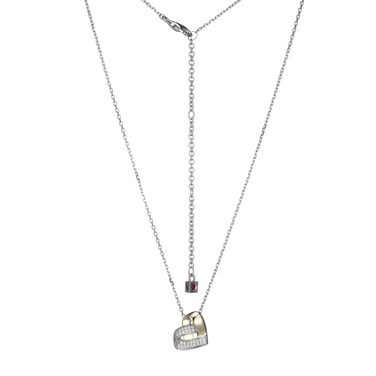 Image of ELLE 17"+3" Sterling Silver "Armour" Two-Tone CZ Heart Diamond-cut Cable Chain Necklace