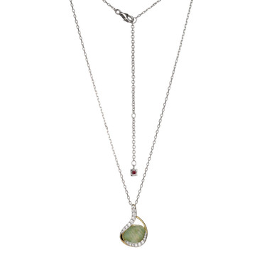 ELLE 17"+3" Sterling Silver "Treasure" Two-Tone Lab-Created Doublet White Crystal & Amazonite Pendant Diamond-cut Cable Chain Necklace