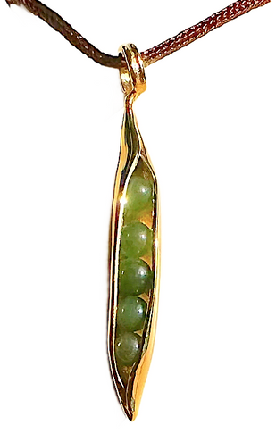 35mm Yellow Stainless Steel Peapod Pendant w/ 4mm Nephrite Jade Beads
