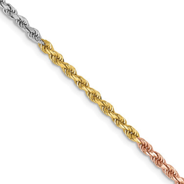 14K Tri-color Gold 24 inch 2.5mm Diamond-cut Rope with Lobster Clasp Chain