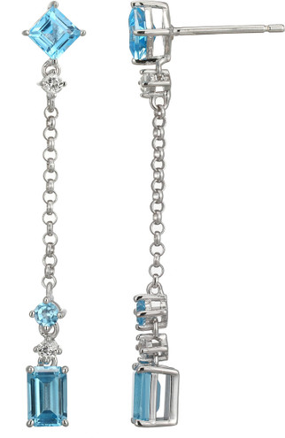 ELLE Jewelry - Rhodium-Plated Sterling Silver Swiss Blue Topaz and Lab-Created White Topaz Long Drop Earrings