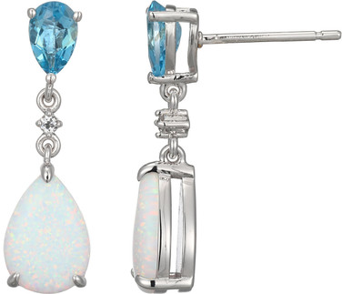 ELLE Jewelry - Rhodium-Plated Sterling Silver Lab-Created Opal and Swiss Blue Topaz Drop Earrings with Teardrop Design