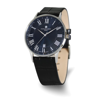 Charles-Hubert 42mm Mens Blue Dial Black Leather Stainless Steel Quartz Watch