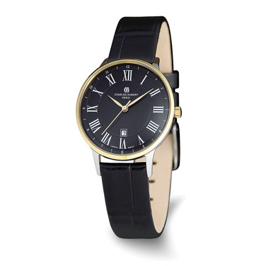 Charles-Hubert 34mm Womens Black Leather Two-Tone Stainless Steel Quartz Watch
