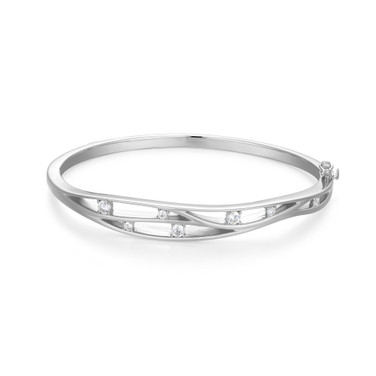 6.5" Rhodium-Plated Sterling Silver Bangle Bracelet w/ 3mm Round Cubic Zirconia & Matte Finish by ELLE