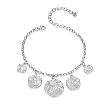 6.5"+2.5" Rhodium-Plated Sterling Silver Textured Disc Charm Bracelet with White Cubic Zirconia by ELLE