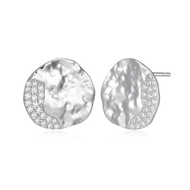 Hammered Sterling Silver Textured Modern Stud Earrings with CZ Pave Swirl by ELLE