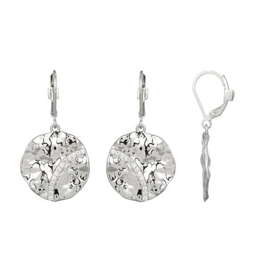 Rhodium-Plated Sterling Silver Textured Disc Leverback Dangle Earrings with White CZ Accent by ELLE