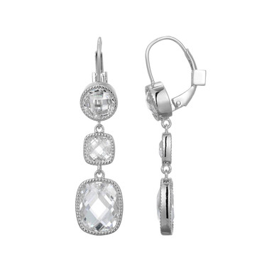Rhodium-Plated Sterling Silver Triple-Cut Drop Leverback Earrings with Milgrain CZ by ELLE