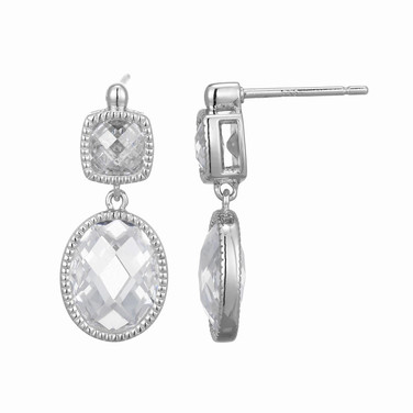 Rhodium-Plated Sterling Silver Two-Stone Drop Earrings with Milgrain CZ by ELLE
