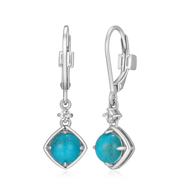 Sterling Silver Drop Leverback Earrings with Simulated Turquoise and White Topaz by ELLE