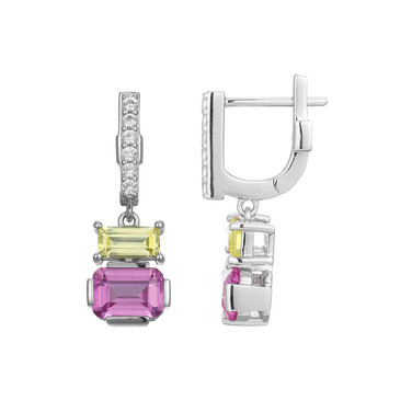 Sterling Silver Hoop Earrings w/ Lab-Created Pink Sapphire, Lab-Created Yellow Sapphire & Lab-Created White Sapphire by ELLE