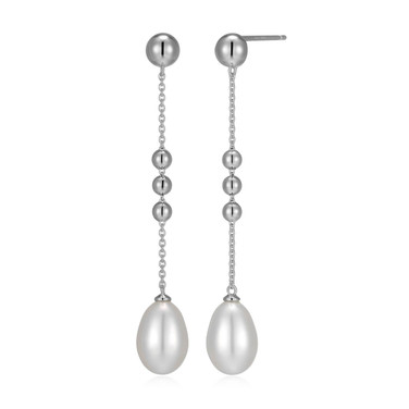 Sterling Silver Long Drop Earrings with Oval Cultured Freshwater Pearls by ELLE
