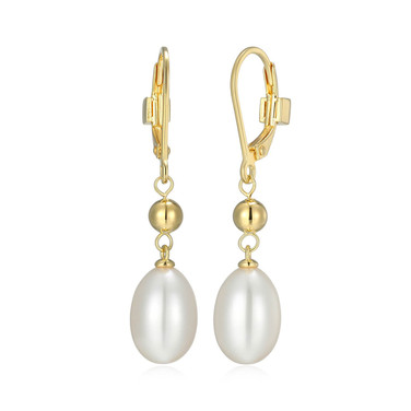 Yellow Gold-Plated Sterling Silver Drop Earrings with Oval Cultured Freshwater Pearls by ELLE