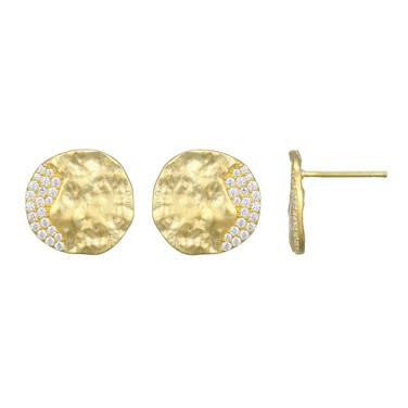 Yellow Gold-Plated Sterling Silver Textured Disc Stud Earrings with White Cubic Zirconia by ELLE