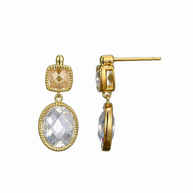 Yellow Gold-Plated Sterling Silver Two-Stone Drop Earrings with CZ by ELLE