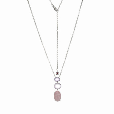 17"+3" Sterling Silver Vertical Pendant Necklace with Rose Quartz and Amethyst Trio by ELLE