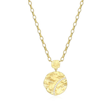 17"+3" Yellow Gold-Plated Sterling Silver Hammered Disc Necklace with White CZ by ELLE