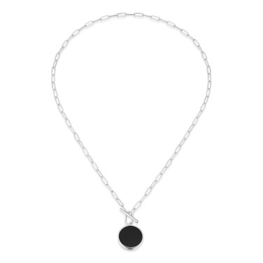 18" Button Black Agate Toggle Necklace in Rhodium-Plated Sterling Silver by ELLE