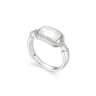 Rhodium-Plated Sterling Silver Baguette Mother of Pearl Doublet and Cubic Zirconia Fancy Ring by ELLE