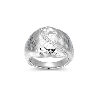Rhodium-Plated Sterling Silver Hammered Dome Ring with Curved Pave Cubic Zirconia Accent by ELLE