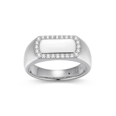 Rhodium-Plated Sterling Silver Rectangle White Enamel Ring with Cubic Zirconia Halo by ELLE