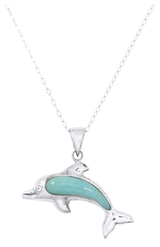 18" Sterling Silver Dolphin Pendant Necklace Larimar & Lab-Created CZ Eye Ocean Theme