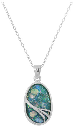 Sterling Silver Oval Genuine Ancient Roman Glass Pendant Branch Design 18" Chain