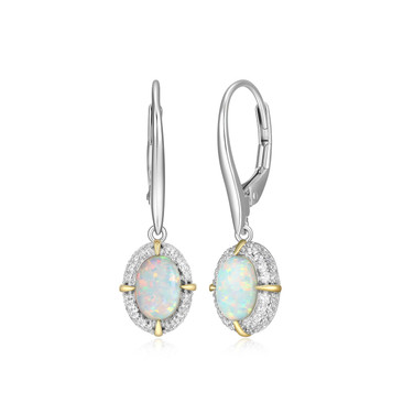 Two-Tone Sterling Silver Oval Lab-Created Opal and CZ Drop Earrings by Charles Garnier