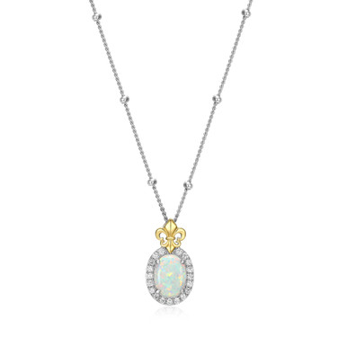 17"+2" Two-Tone Sterling Silver Oval Lab-Created Opal and CZ Fleur-de-Lis Pendant Necklace by Charles Garnier