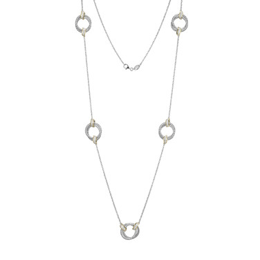 30" Sterling Silver Long Necklace with Textured CZ Circle Stations and Gold-Tone Wraps by Charles Garnier