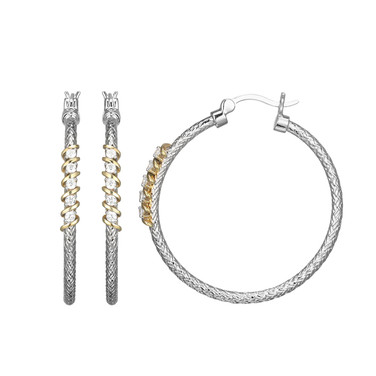 35mm Sterling Silver Hoop Earrings with Gold-Tone Diagonal CZ Accent by Charles Garnier