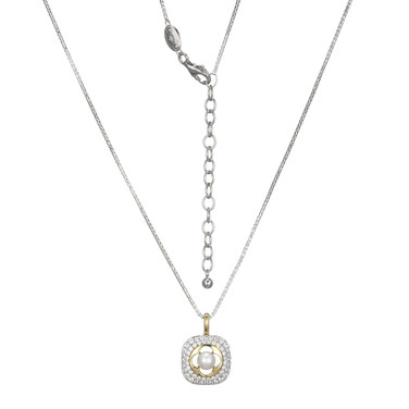17"+2" Sterling Silver Necklace with Cultured Freshwater Pearl and CZ Cushion Pendant by Charles Garnier