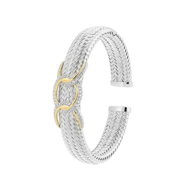 6.75" Sterling Silver Textured Cuff Bracelet with Gold-Plated CZ Link Detail by Charles Garnier