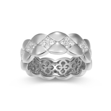 Rhodium-Plated Sterling Silver Quilted Pattern Band Ring w/ CZ by Charles Garnier