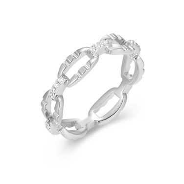 Sterling Silver Rhodium-Plated Geometric Link Ring with White CZ by Charles Garnier