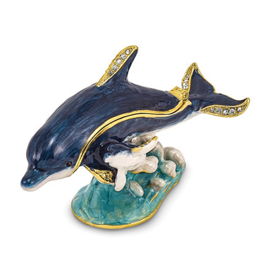 Luxury Giftware by Jere Pewter Bejeweled Crystals Gold-tone Enameled DOLLY & DYLAN Blue Dolphin & Baby Trinket Box with Matching 18 Inch Necklace