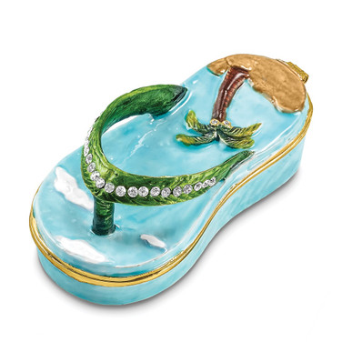 Luxury Giftware by Jere Pewter Bejeweled Crystals Gold-tone Enameled SANDY TOES Sandal w/Palm Tree Trinket Box with Matching 18 Inch Necklace