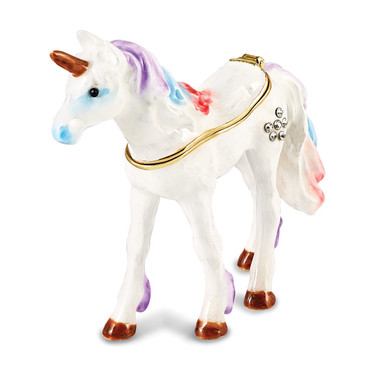 Luxury Giftware by Jere Pewter Bejeweled Crystals Gold-tone Enameled MYSTIC the Unicorn Trinket Box with Matching 18 Inch Necklace