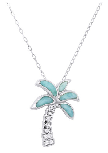 Sterling Silver Palm Tree Necklace with Genuine Larimar and Cubic Zirconia CZ