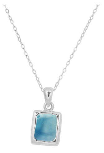 24mm Sterling Silver Necklace Blue Gemstone Genuine Larimar Rectangle Pendant